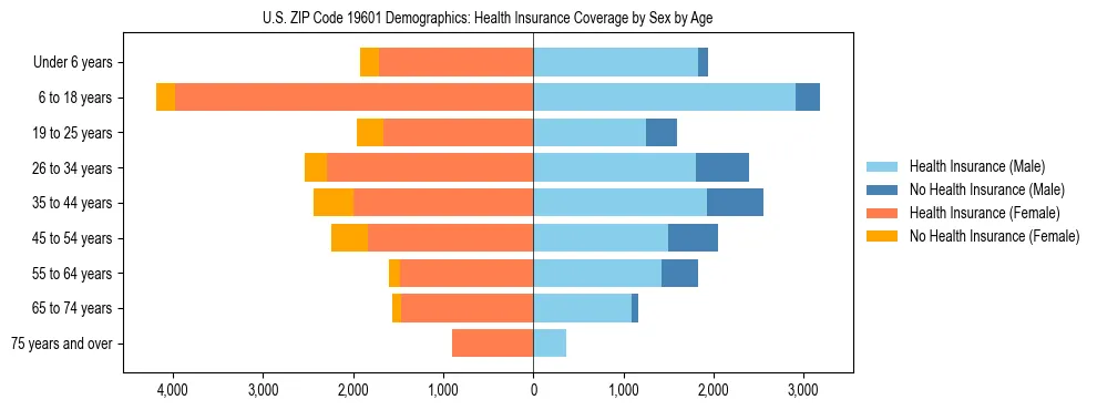 Pyramid chart showing health insurance coverage by age and sex in US ZIP Code 19601.