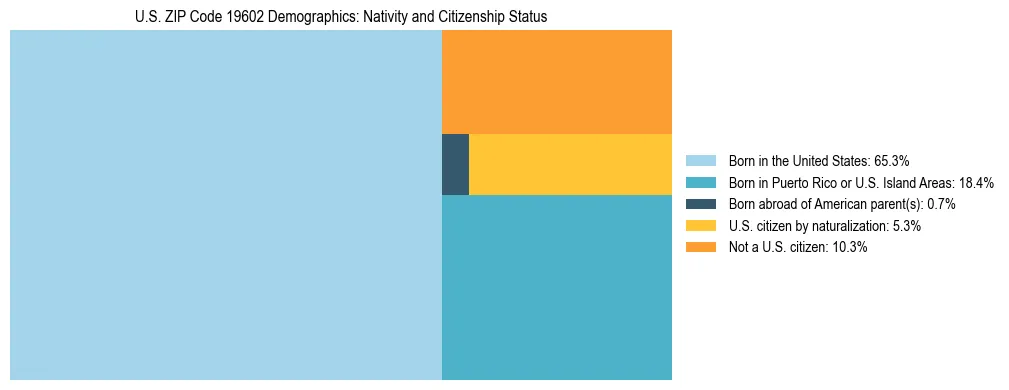 Treemap showing the population distribution by nativity and citizenship status in US ZIP Code 19602 based on U.S. Census data.