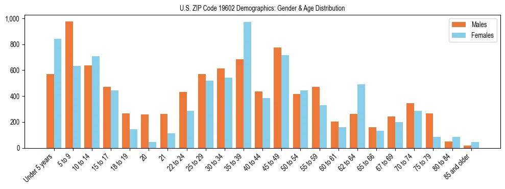 Bar chart showing the population distribution of US ZIP Code 19602 by age group and gender, based on 2023 ACS data.