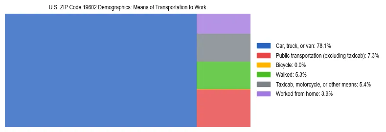 Treemap showing means of transportation to work distribution in US ZIP Code 19602.