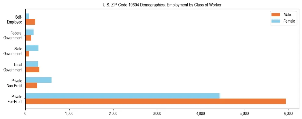 Horizontal bar chart showing employment distribution by class of worker and gender in US ZIP Code 19604, based on 2023 ACS data.