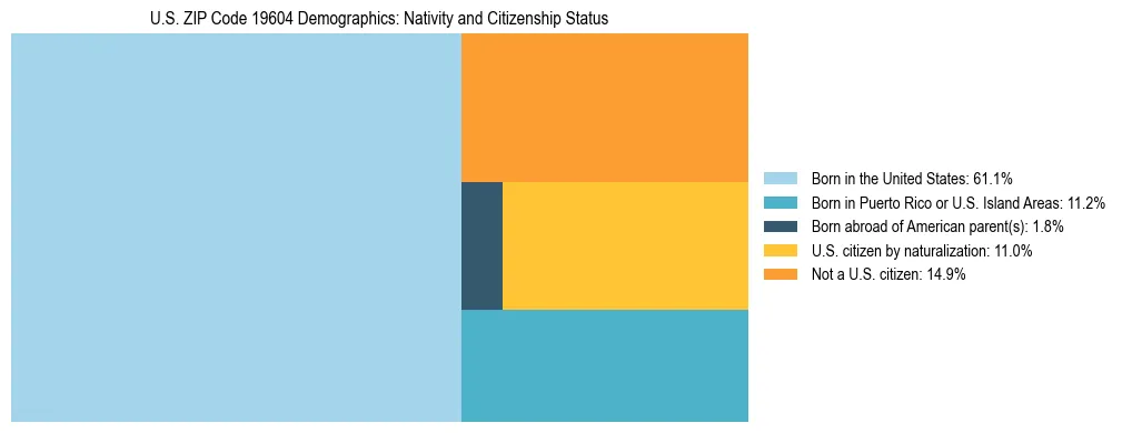 Treemap showing the population distribution by nativity and citizenship status in US ZIP Code 19604 based on U.S. Census data.