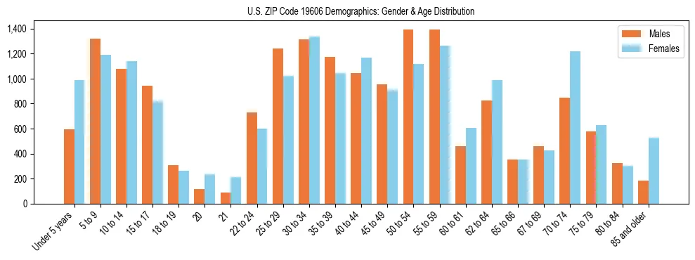 Bar chart showing the population distribution of US ZIP Code 19606 by age group and gender, based on 2023 ACS data.