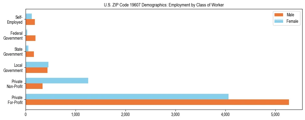 Horizontal bar chart showing employment distribution by class of worker and gender in US ZIP Code 19607, based on 2023 ACS data.