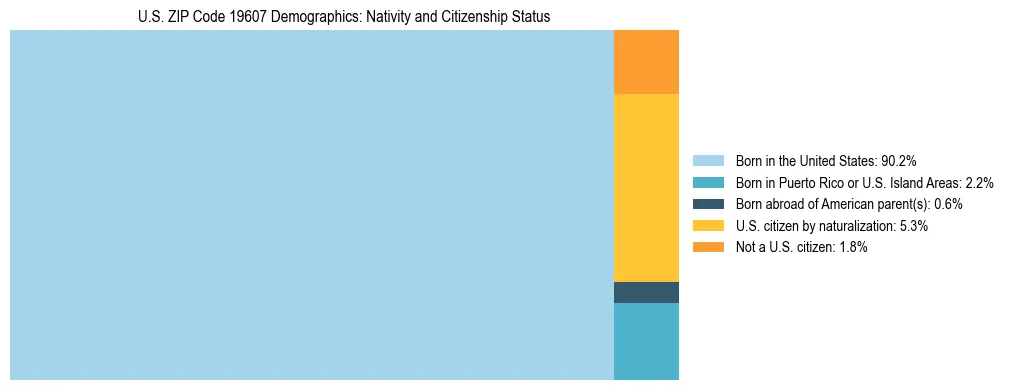 Treemap showing the population distribution by nativity and citizenship status in US ZIP Code 19607 based on U.S. Census data.