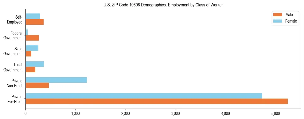 Horizontal bar chart showing employment distribution by class of worker and gender in US ZIP Code 19608, based on 2023 ACS data.