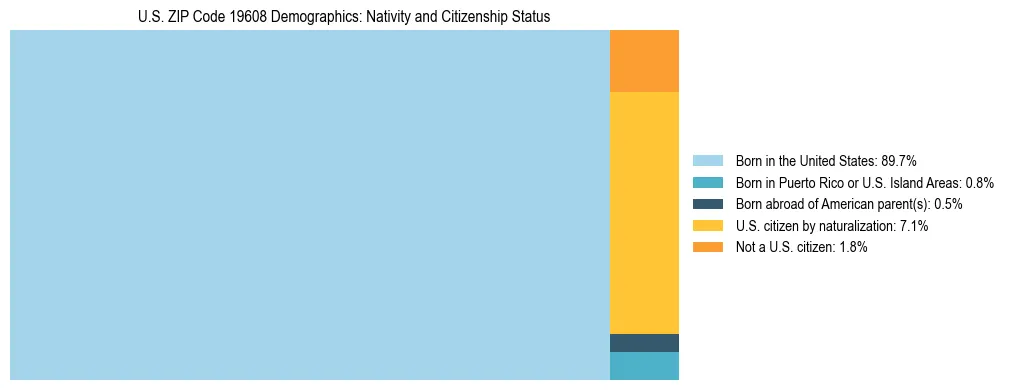 Treemap showing the population distribution by nativity and citizenship status in US ZIP Code 19608 based on U.S. Census data.