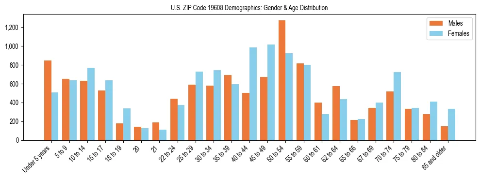 Bar chart showing the population distribution of US ZIP Code 19608 by age group and gender, based on 2023 ACS data.