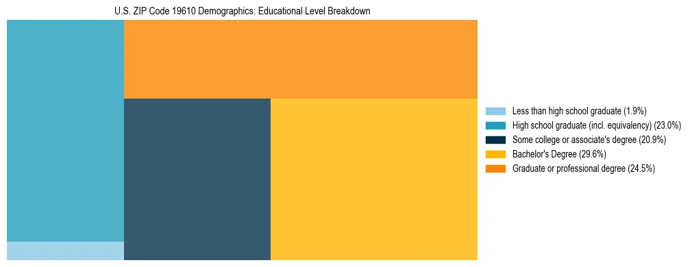 Treemap chart illustrating the educational attainment breakdown for population 25 years and over in US ZIP Code 19610.