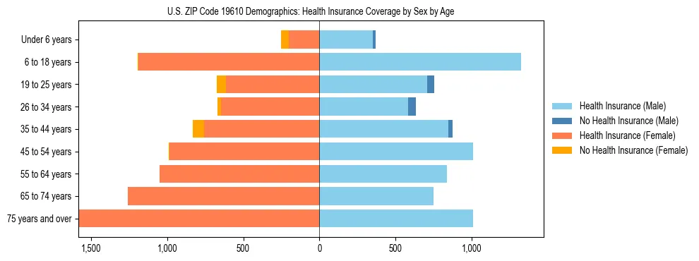 Pyramid chart showing health insurance coverage by age and sex in US ZIP Code 19610.