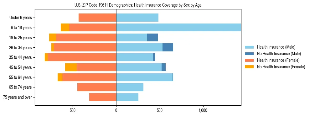 Pyramid chart showing health insurance coverage by age and sex in US ZIP Code 19611.