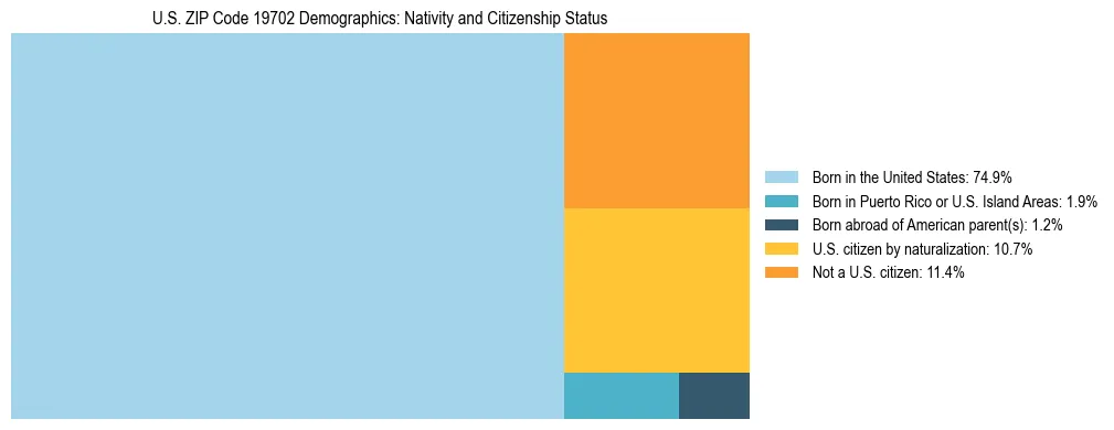 Treemap showing the population distribution by nativity and citizenship status in US ZIP Code 19702 based on U.S. Census data.