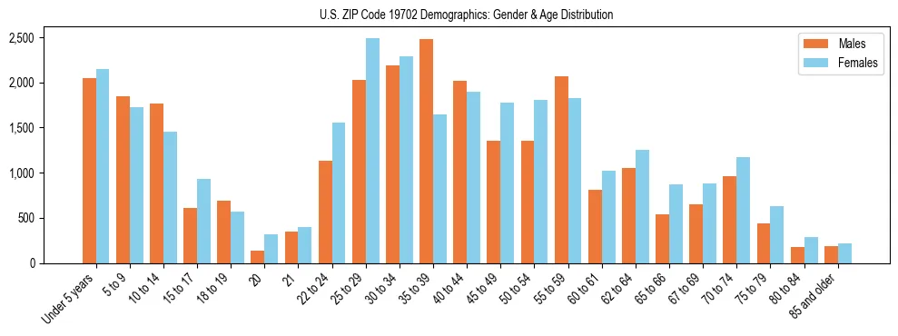 Bar chart showing the population distribution of US ZIP Code 19702 by age group and gender, based on 2023 ACS data.