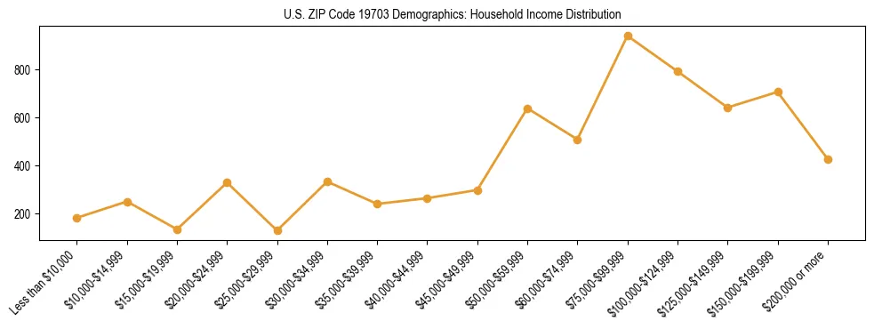 Horizontal bar chart showing household income distribution in US ZIP Code 19703.