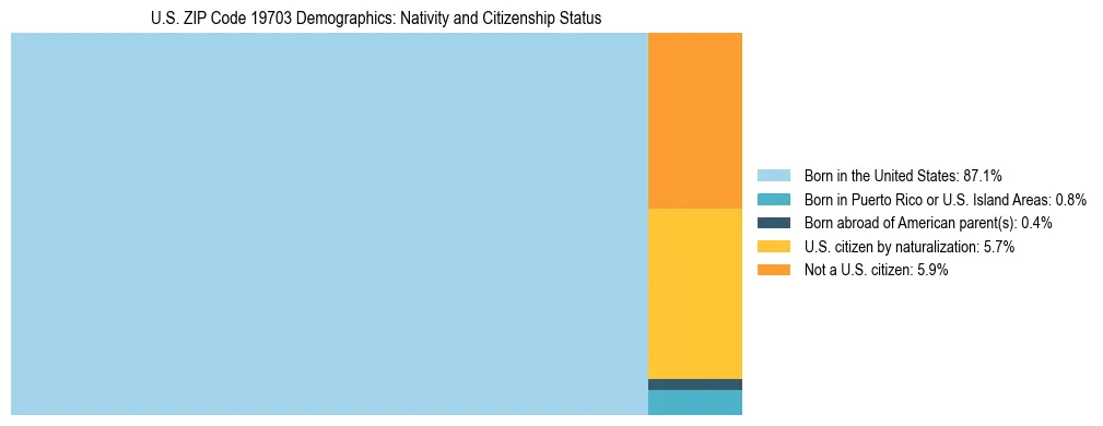 Treemap showing the population distribution by nativity and citizenship status in US ZIP Code 19703 based on U.S. Census data.