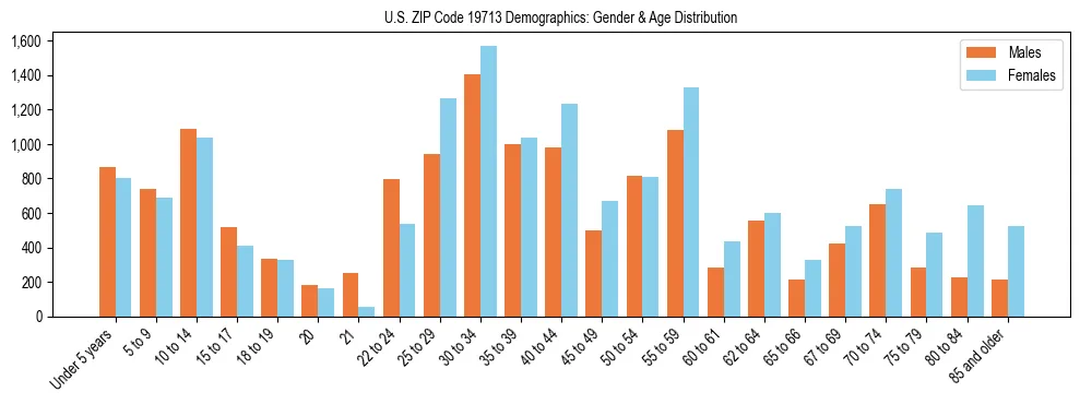 Bar chart showing the population distribution of US ZIP Code 19713 by age group and gender, based on 2023 ACS data.