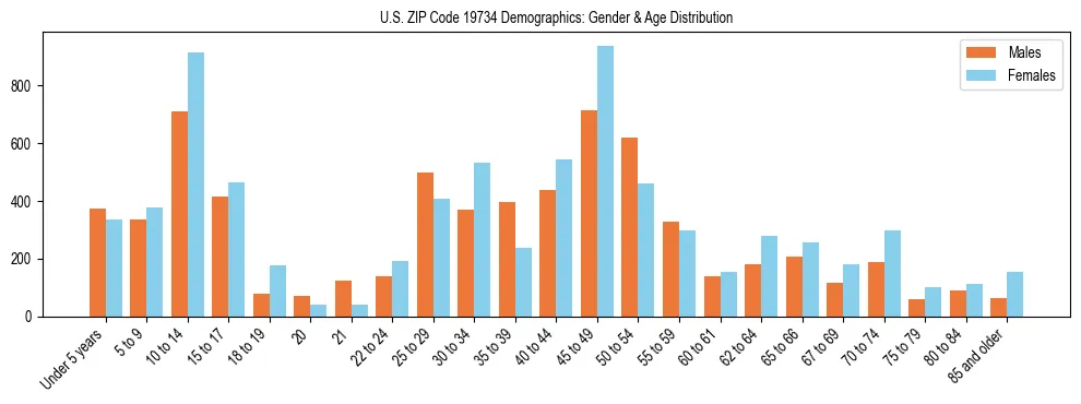 Bar chart showing the population distribution of US ZIP Code 19734 by age group and gender, based on 2023 ACS data.