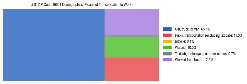 Treemap showing means of transportation to work distribution in US ZIP Code 19801.
