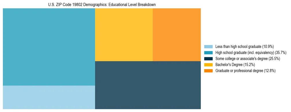 Treemap chart illustrating the educational attainment breakdown for population 25 years and over in US ZIP Code 19802.