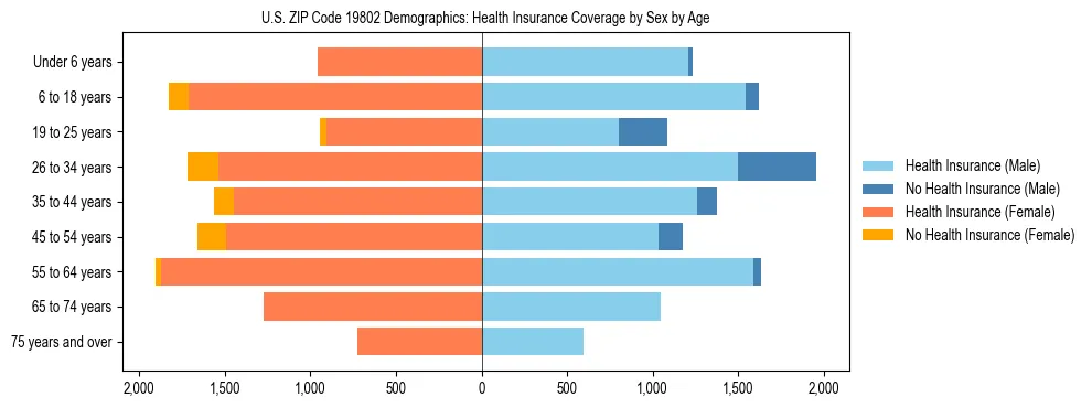 Pyramid chart showing health insurance coverage by age and sex in US ZIP Code 19802.