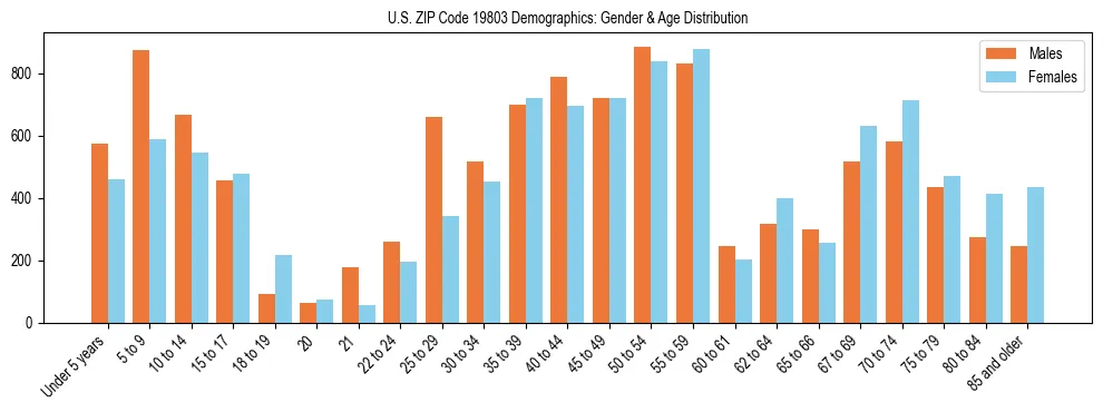 Bar chart showing the population distribution of US ZIP Code 19803 by age group and gender, based on 2023 ACS data.