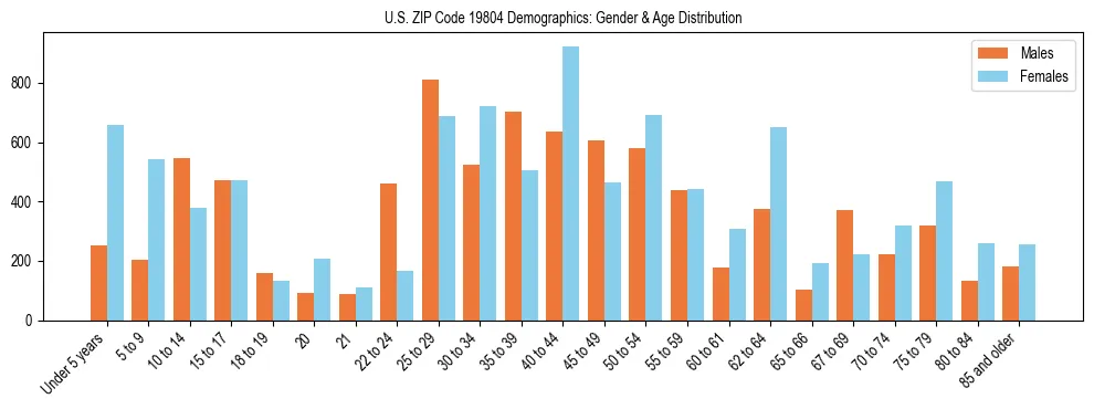 Bar chart showing the population distribution of US ZIP Code 19804 by age group and gender, based on 2023 ACS data.