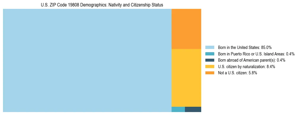 Treemap showing the population distribution by nativity and citizenship status in US ZIP Code 19808 based on U.S. Census data.