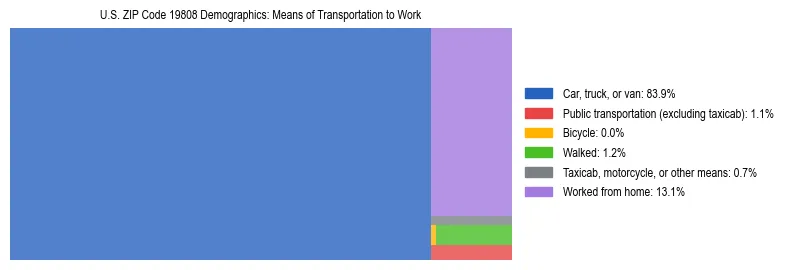 Treemap showing means of transportation to work distribution in US ZIP Code 19808.