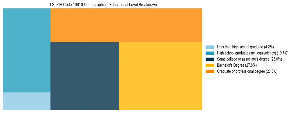 Treemap chart illustrating the educational attainment breakdown for population 25 years and over in US ZIP Code 19810.