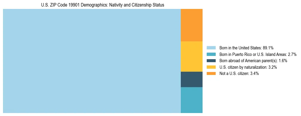 Treemap showing the population distribution by nativity and citizenship status in US ZIP Code 19901 based on U.S. Census data.