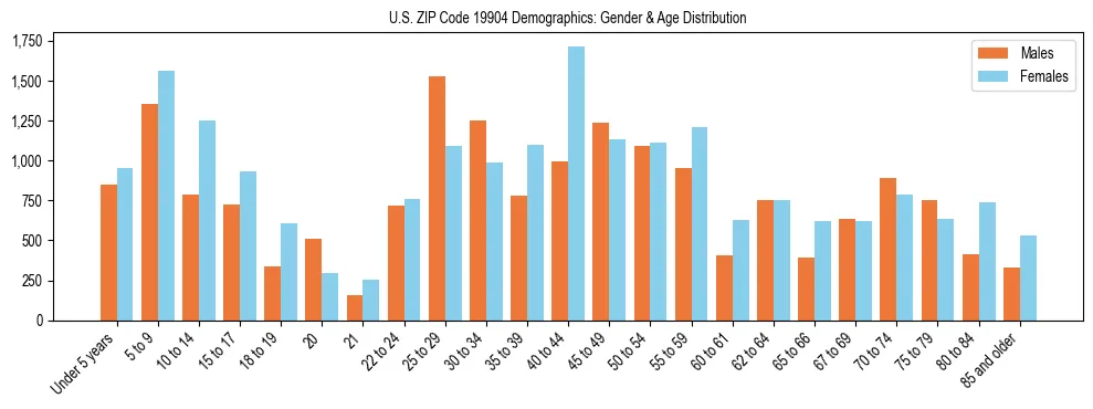 Bar chart showing the population distribution of US ZIP Code 19904 by age group and gender, based on 2023 ACS data.