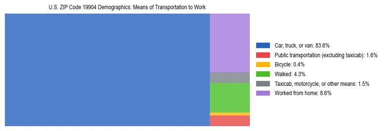 Treemap showing means of transportation to work distribution in US ZIP Code 19904.