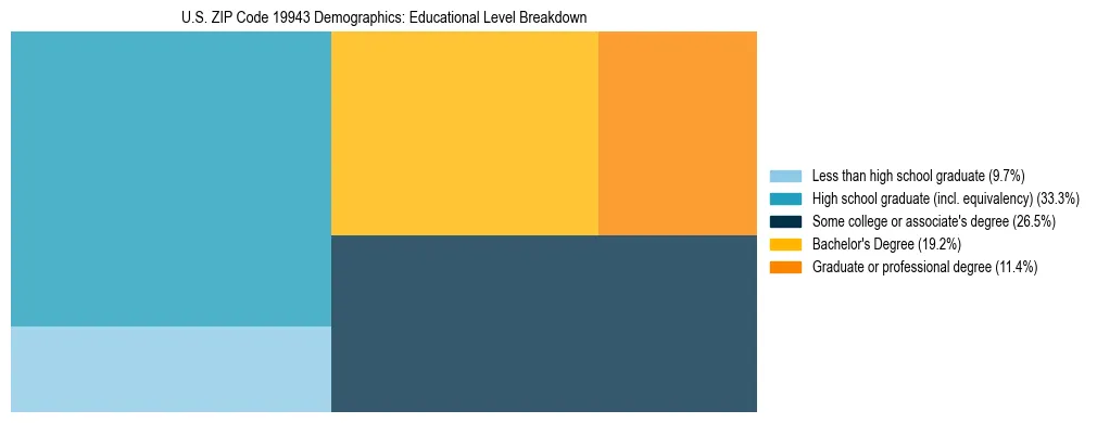 Treemap chart illustrating the educational attainment breakdown for population 25 years and over in US ZIP Code 19943.