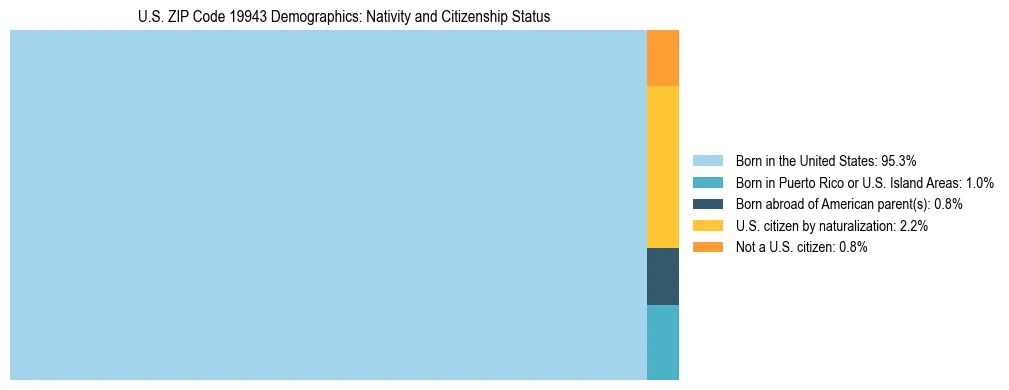 Treemap showing the population distribution by nativity and citizenship status in US ZIP Code 19943 based on U.S. Census data.