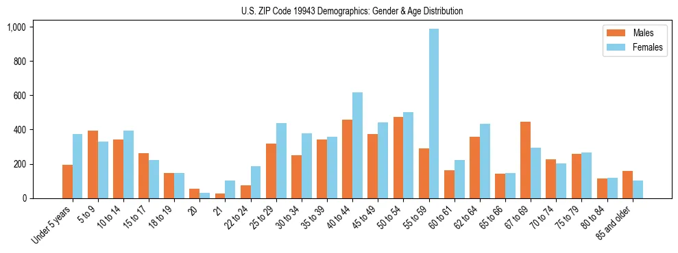 Bar chart showing the population distribution of US ZIP Code 19943 by age group and gender, based on 2023 ACS data.