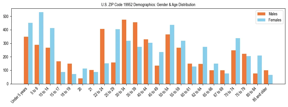 Bar chart showing the population distribution of US ZIP Code 19952 by age group and gender, based on 2023 ACS data.