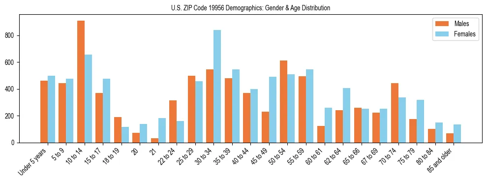Bar chart showing the population distribution of US ZIP Code 19956 by age group and gender, based on 2023 ACS data.
