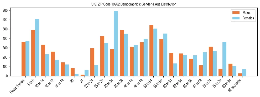 Bar chart showing the population distribution of US ZIP Code 19962 by age group and gender, based on 2023 ACS data.