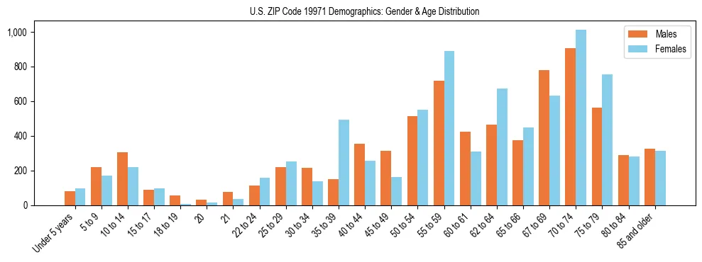 Bar chart showing the population distribution of US ZIP Code 19971 by age group and gender, based on 2023 ACS data.