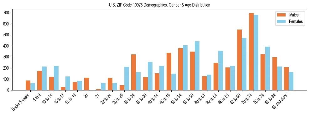 Bar chart showing the population distribution of US ZIP Code 19975 by age group and gender, based on 2023 ACS data.