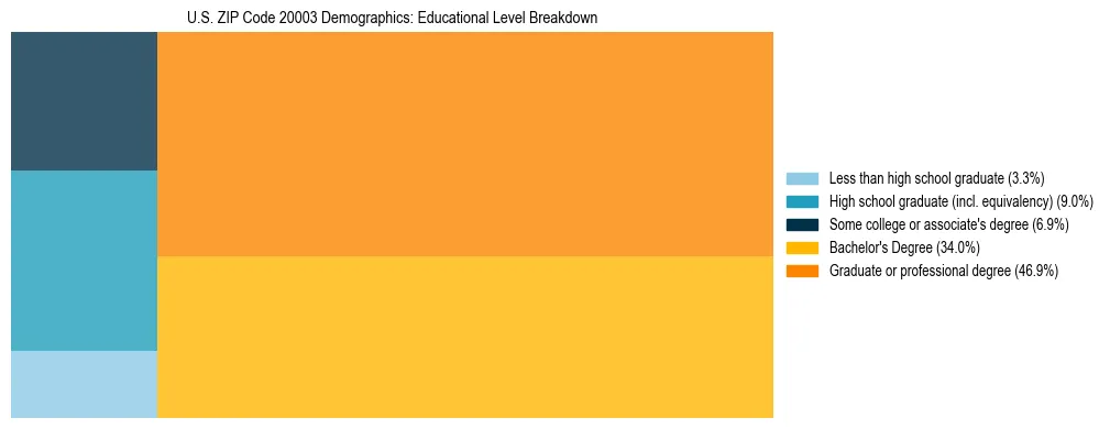 Treemap chart illustrating the educational attainment breakdown for population 25 years and over in US ZIP Code 20003.