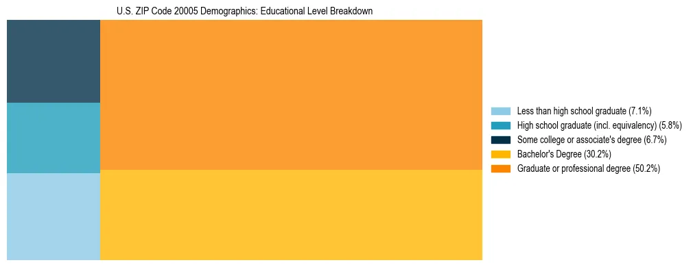 Treemap chart illustrating the educational attainment breakdown for population 25 years and over in US ZIP Code 20005.