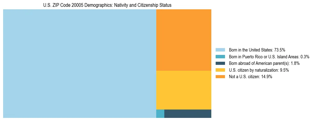Treemap showing the population distribution by nativity and citizenship status in US ZIP Code 20005 based on U.S. Census data.