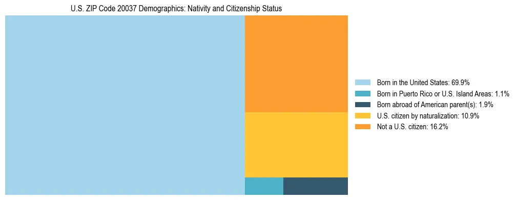 Treemap showing the population distribution by nativity and citizenship status in US ZIP Code 20037 based on U.S. Census data.
