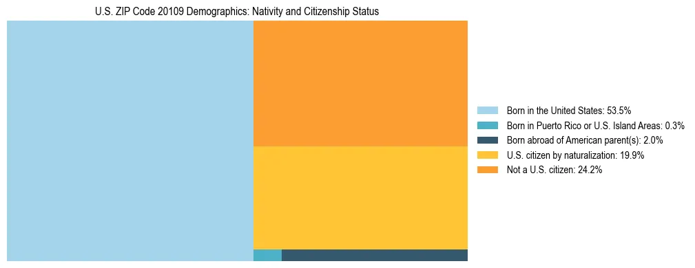 Treemap showing the population distribution by nativity and citizenship status in US ZIP Code 20109 based on U.S. Census data.