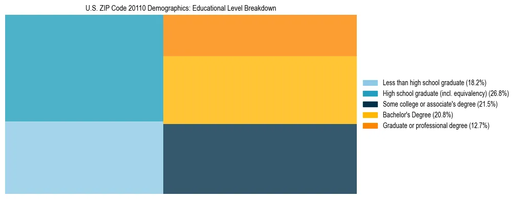 Treemap chart illustrating the educational attainment breakdown for population 25 years and over in US ZIP Code 20110.