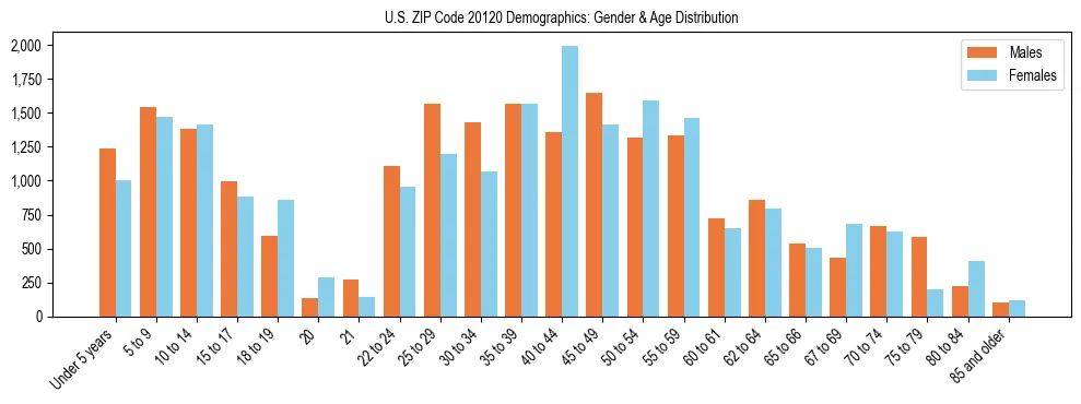 Bar chart showing the population distribution of US ZIP Code 20120 by age group and gender, based on 2023 ACS data.