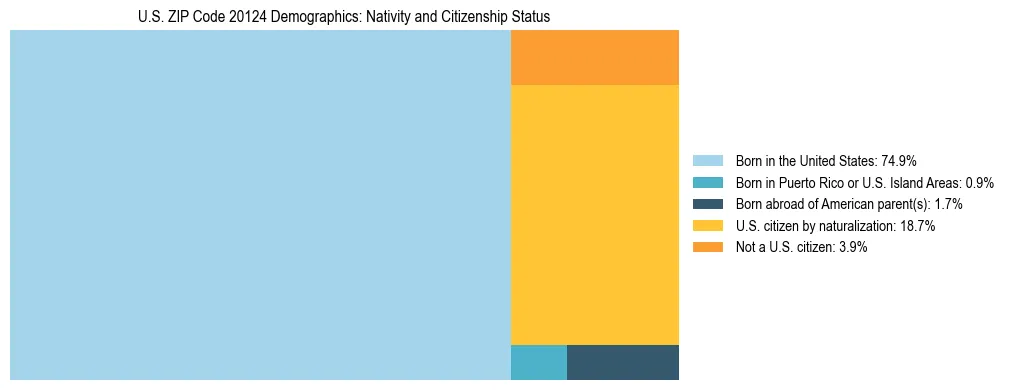 Treemap showing the population distribution by nativity and citizenship status in US ZIP Code 20124 based on U.S. Census data.