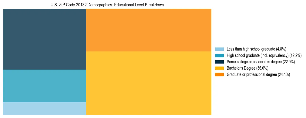 Treemap chart illustrating the educational attainment breakdown for population 25 years and over in US ZIP Code 20132.
