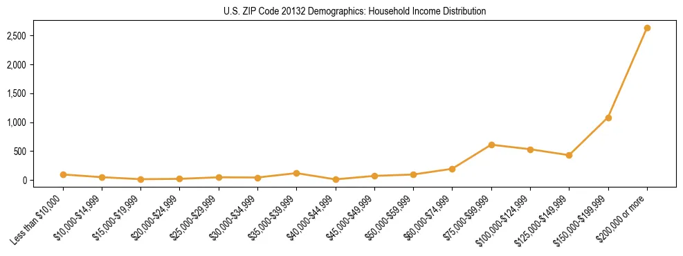 Horizontal bar chart showing household income distribution in US ZIP Code 20132.